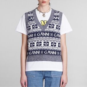 Ganni Navy and White Fair Isle V-Neck Sweater Vest
